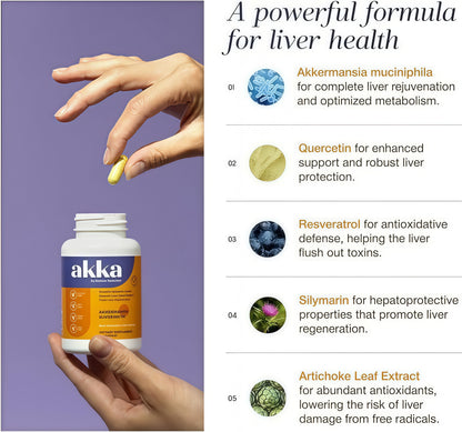 AKKA Akkermansia Probiotic, Liver Cleanse, Detox & Repair, Non-GMO, 60 Caps Liver health support for energy, digestion & metabolism with akkermansia muciniphila. Gluten-free.
